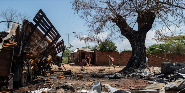 A suspected Burundian military vehicle destroyed during renewed clashes