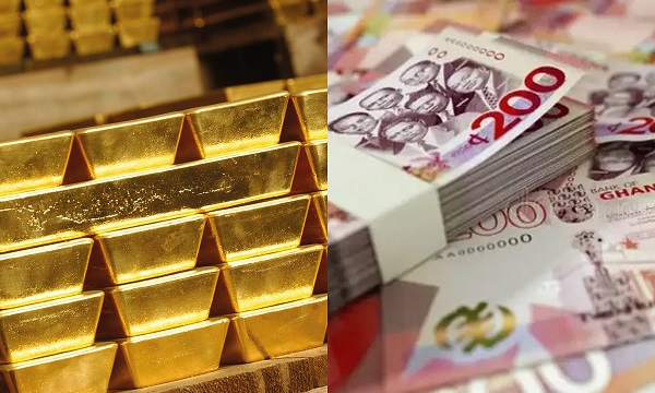 File photo of gold bars and cedi notes