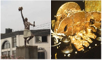 A statue of Okomfo Anokye and the Golden Stool