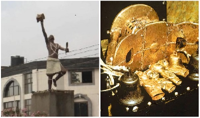 A statue of Okomfo Anokye and the Golden Stool