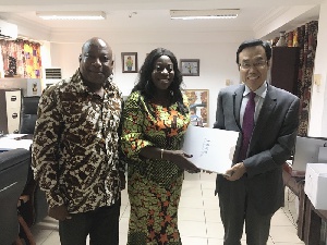 H.E. Shi Ting Wang is welcomed to the Ministry by Catherine Afeku and her deputy Dr Ziblim Iddi