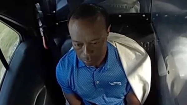 Woods can be seen hiccupping as he sits in the back of a police car