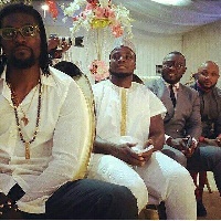 Stephen Appiah and footballer Adebayor with some other celebrities at the wedding