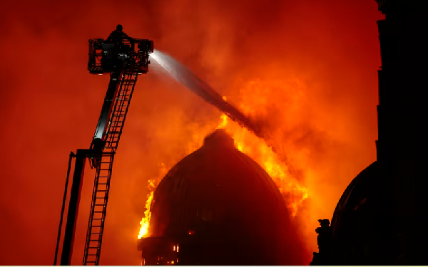The Fire Brigade fight a blaze in the vicinity of Central Station in Glasgow, Scotland, on March 8