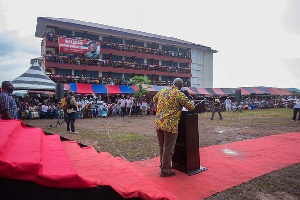 President Mahama addressing chiefs and the people of Kwamekrom