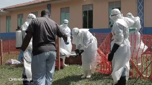 Health workers at an Ebola trial site in eastern Congo