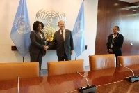Shirley Ayorkor Botchway in a handshake with UN Secretary. Gen, Antanio Manuel de Oliveira Guterre