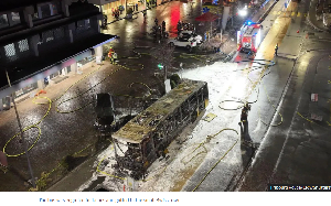 The bus was engulfed in flames and gutted in the small Swiss town