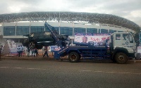 Bugri Naabu towed his accident vehicle to the Aliu Mahama Sports Stadium