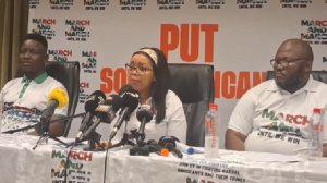 Jancita Ngobese-Zuma (M), the leader of the March-and-March speaking at the presser Jancita Ngobese-Zuma (M), the leader of the March-and-March speaking at the presser