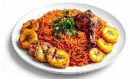 A plate of Ghanaian jollof rice served with fried plantain and chicken