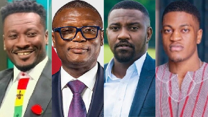 L-R: Asamoah Gyan, Kofi Adams, John Dumelo and Sharaf Mahama graced the fight night at Bukom