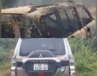 The vehile which was allegedly used for the robbery before and after it was burnt