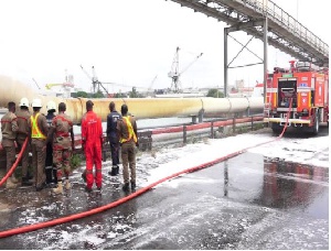 Safety officers inspect leaking pipelines at the Tema Oil Refinery