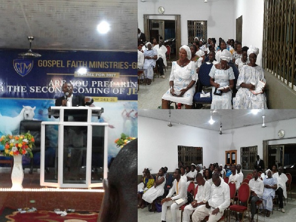 Reverend Isaac Obed Asamoah (L) preaching to the congregation (R) during the watch-night service