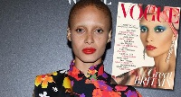 Adwoa Aboah at Paris fashion week and as she appears on the cover of Vogue