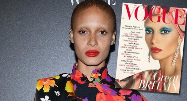 Adwoa Aboah at Paris fashion week and as she appears on the cover of Vogue