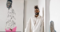 Amoako Boafo middle, flanked by sone of his works | Courtesy photo