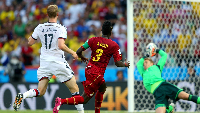 Asamoah Gyan got past Per Mertesacker to put Ghana 2-1 ahead