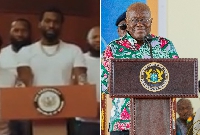 Meek Mill and Akufo-Addo behind different lecterns