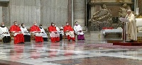 Pope Francis addressing new cardinals at the St. Peter Basilica on Saturday.