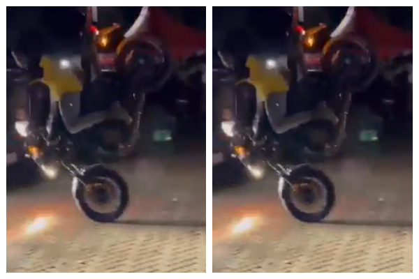 A KNUST student falls after his motorcycle overturns during an SRC Week celebration stunt