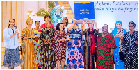 Women leaders take a group photo after a forum, marking  30 years of Beijing conference