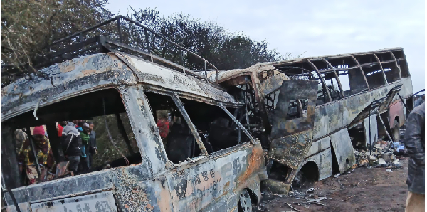 Wreckages of the buses that collided and burst into flames on Sat. near Same in Kilimanjaro Region