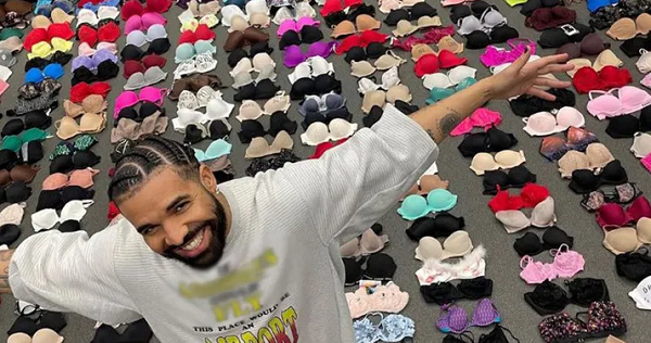 Drake shared a photo of all the bras that have been thrown at him during his It's All a Blur tour