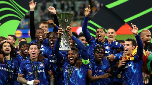 Chelsea players celebrating the Conference League title win