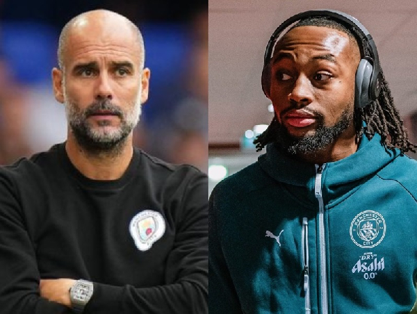 Pep Guardiola coaches Semenyo at Manchester City