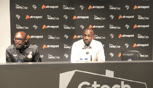 Black Stars Coach, Otto Addo [R] and GFA PRO, Henry Asante Twum at a media conference