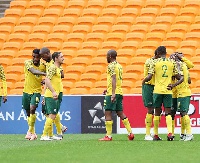 South Africa celebrates goal with teammates during the match between South Africa and Seychelles