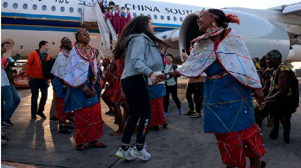 Chinese tourists are welcomed at Jomo Kenyatta International Airport in Nairobi, Kenya,