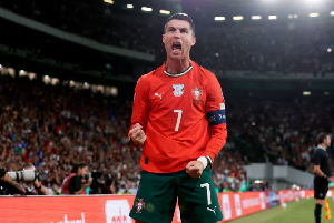 Cristiano Ronaldo has celebrated after scoring his first goal against Hungary