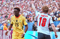 Black Stars defender Marvin Senaya (L) defended well against Anthony Gordon