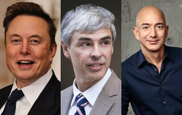 L-R: Tesla founder, Elon Musk, co-founder of Google, Larry Page and founder of Amazon, Jeff Bezos