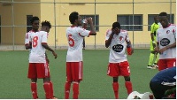 Richmond Lamptey (No5.) gulping down some water after his brace gave WAFA a 2-0 win over Bechem.