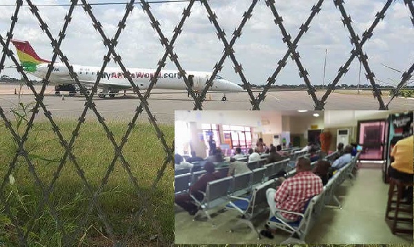 The plane on the tarmac at the Tamale Airport. [Inset] The stranded passengers