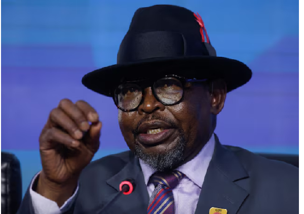 South Africa's Minister of Finance Enoch Godongwana briefs the media concluding the G20 finance meet