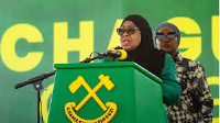 Tanzania's President Samia Suluhu Hassan speaks at a campaign rally in Iringa, Tanzania