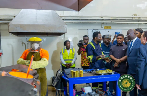 Finance Minister Ato Forson and GoldBod CEO Sammy Gyamfi inspect Gold Coast Refinery