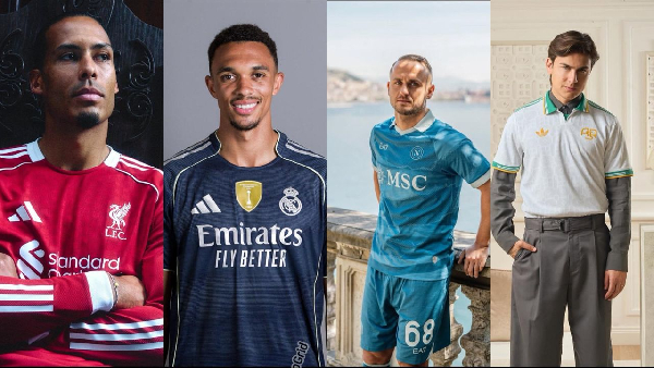 L-R The 2025/26 jerseys for Liverpool, Madrid, Napoli and Roma