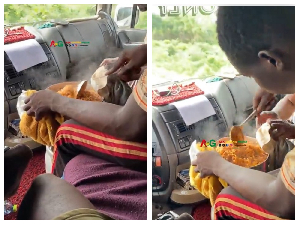 Snipped of the driver's mate cooking jollof rice in a moving truck