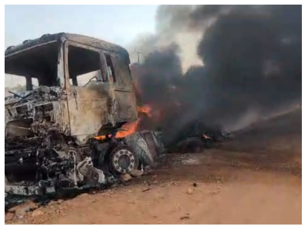 Snipped of the fuel tanker in flames