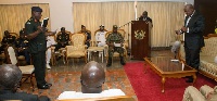 Major General Obed Boama Akwa being sworn in by President Mahama as new Chief of Army Staff.