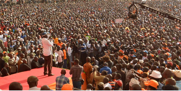 ODM leader,  Raila Odinga at a campaign rally in Athi River Machakos County