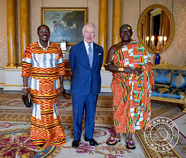 King Charles III sandwiched by Otumfuo and Lady Julia
