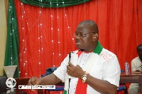 NDC flagbearer hopeful, Sly Mensah addressiing the gathering during a campaign tour
