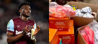 Kudus (left) donates some items (right) to his boyhood club